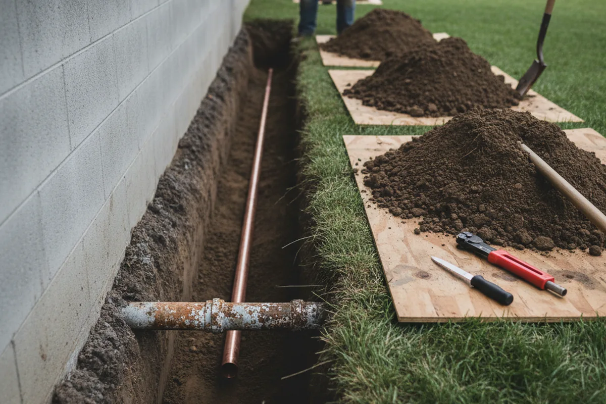 Excavated water line trench during Sewer Line Repair in Laguna Woods